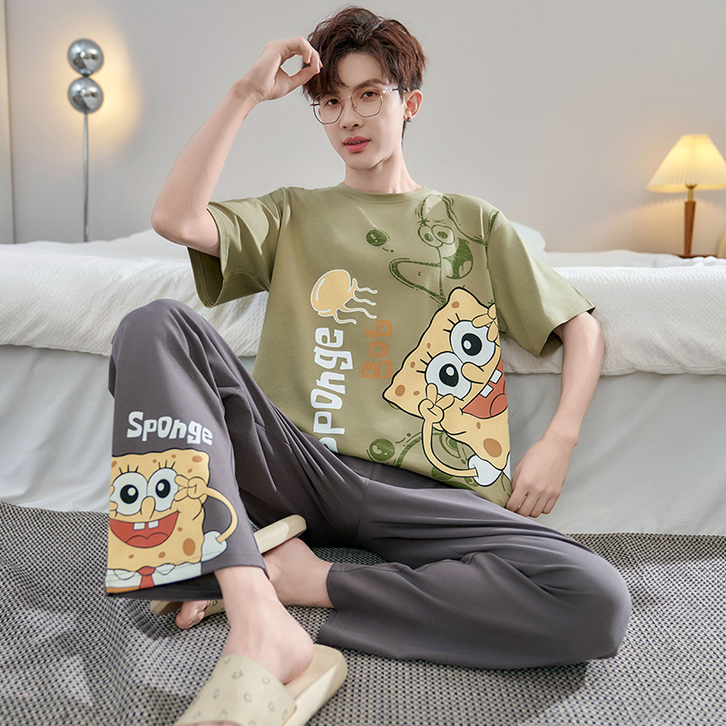 海绵宝宝睡衣男夏季纯棉短袖长裤