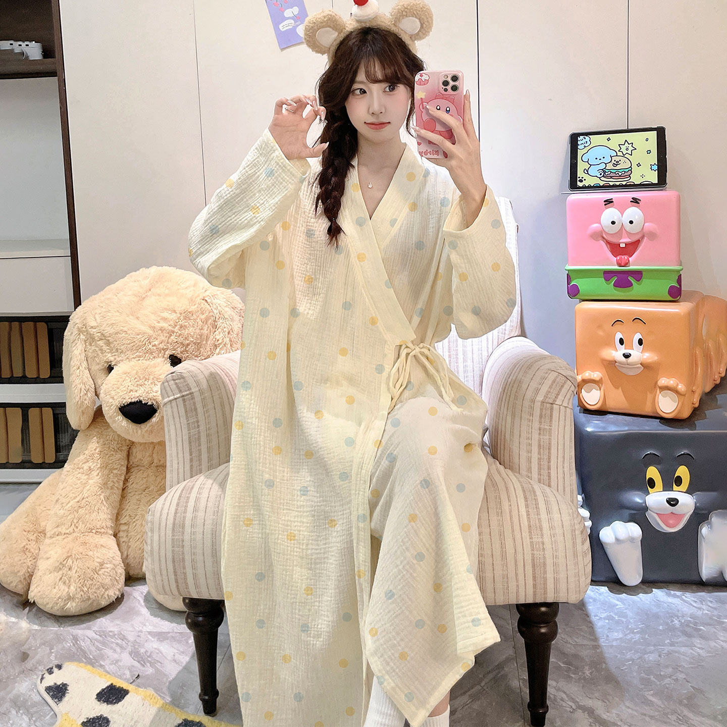 女款春秋纯棉长袖可穿式洗澡浴袍