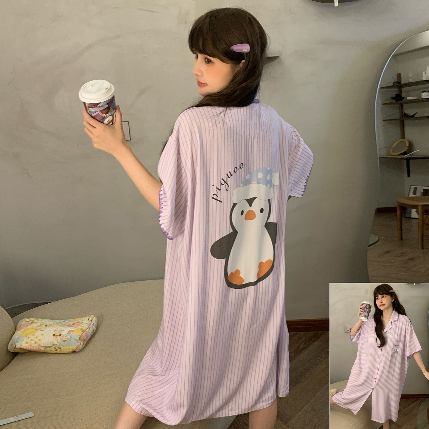 女款夏季企鹅莫代尔短袖开衫睡裙