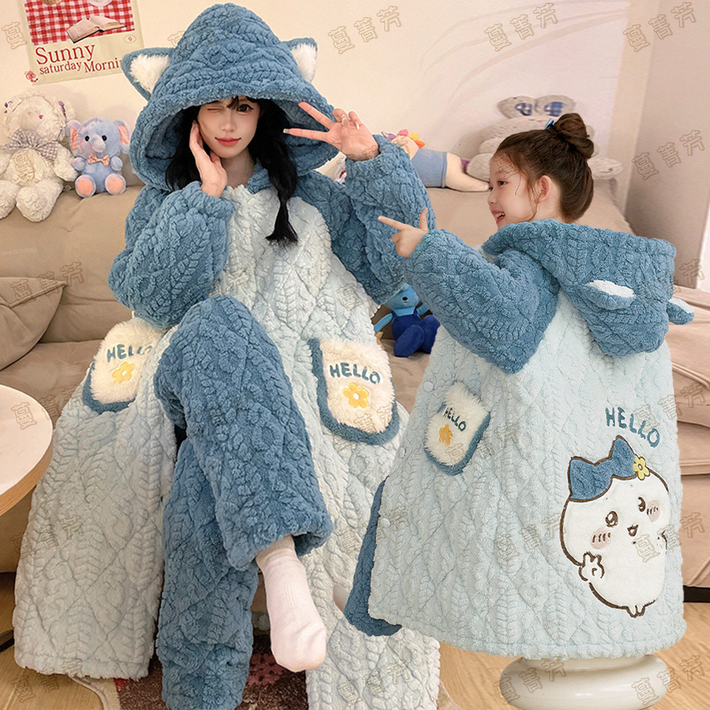 冬季母女三层夹棉加厚小八家居服
