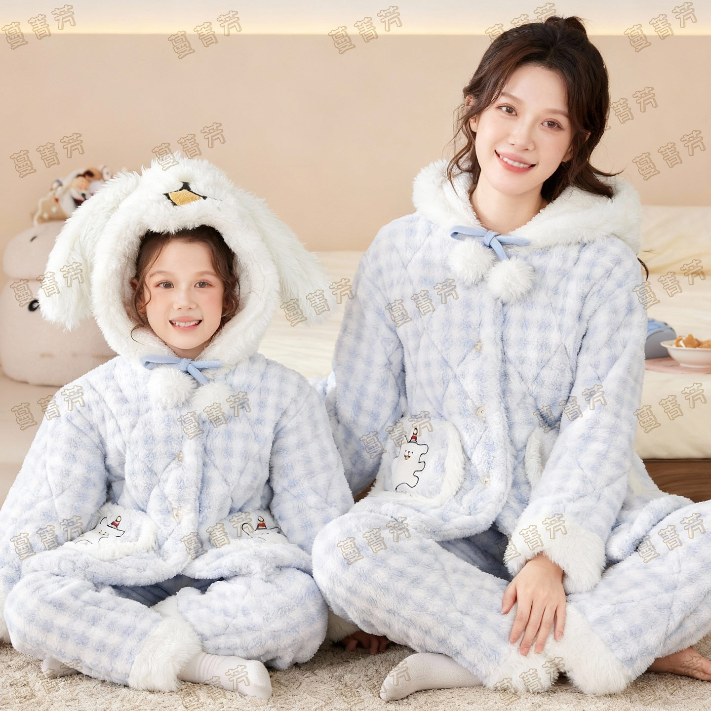 母女冬季三层夹棉线条小狗家居服