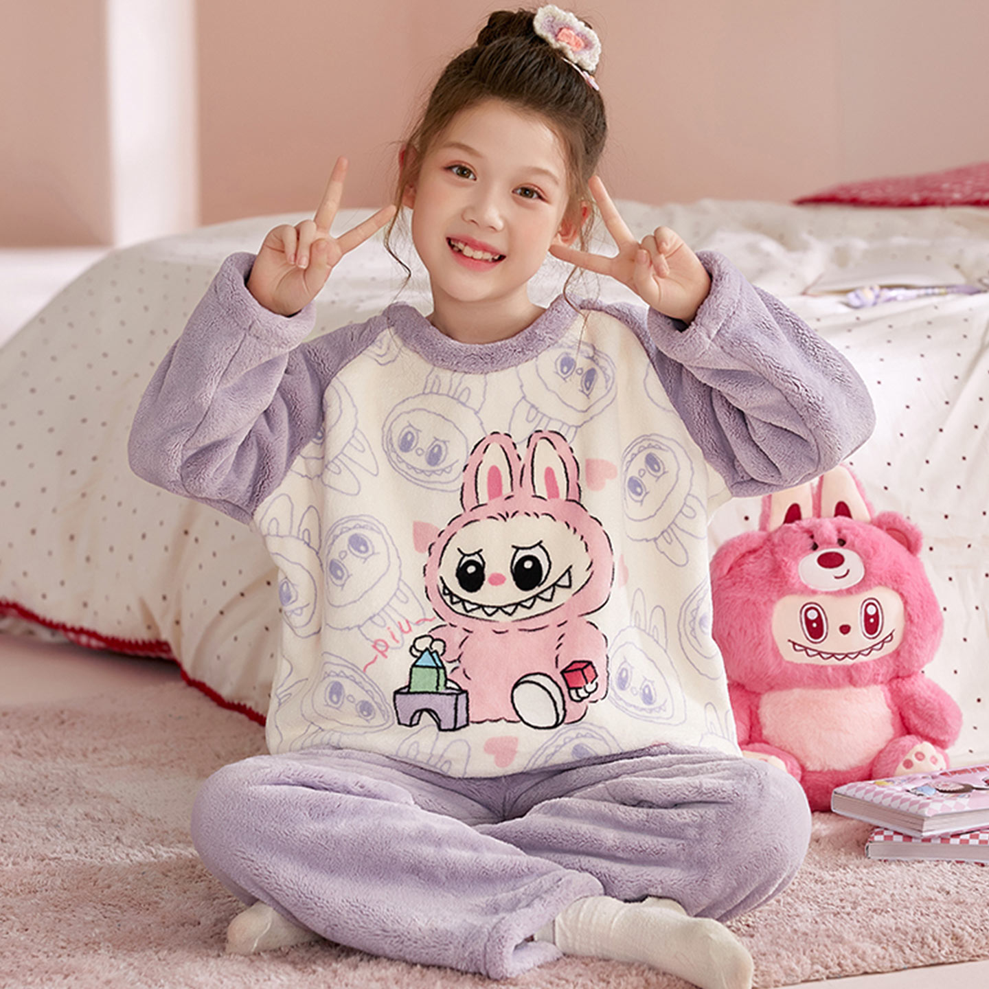 拉布布女童睡衣冬季法兰绒家居服