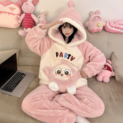 连帽珊瑚绒女冬季加厚家居服套装