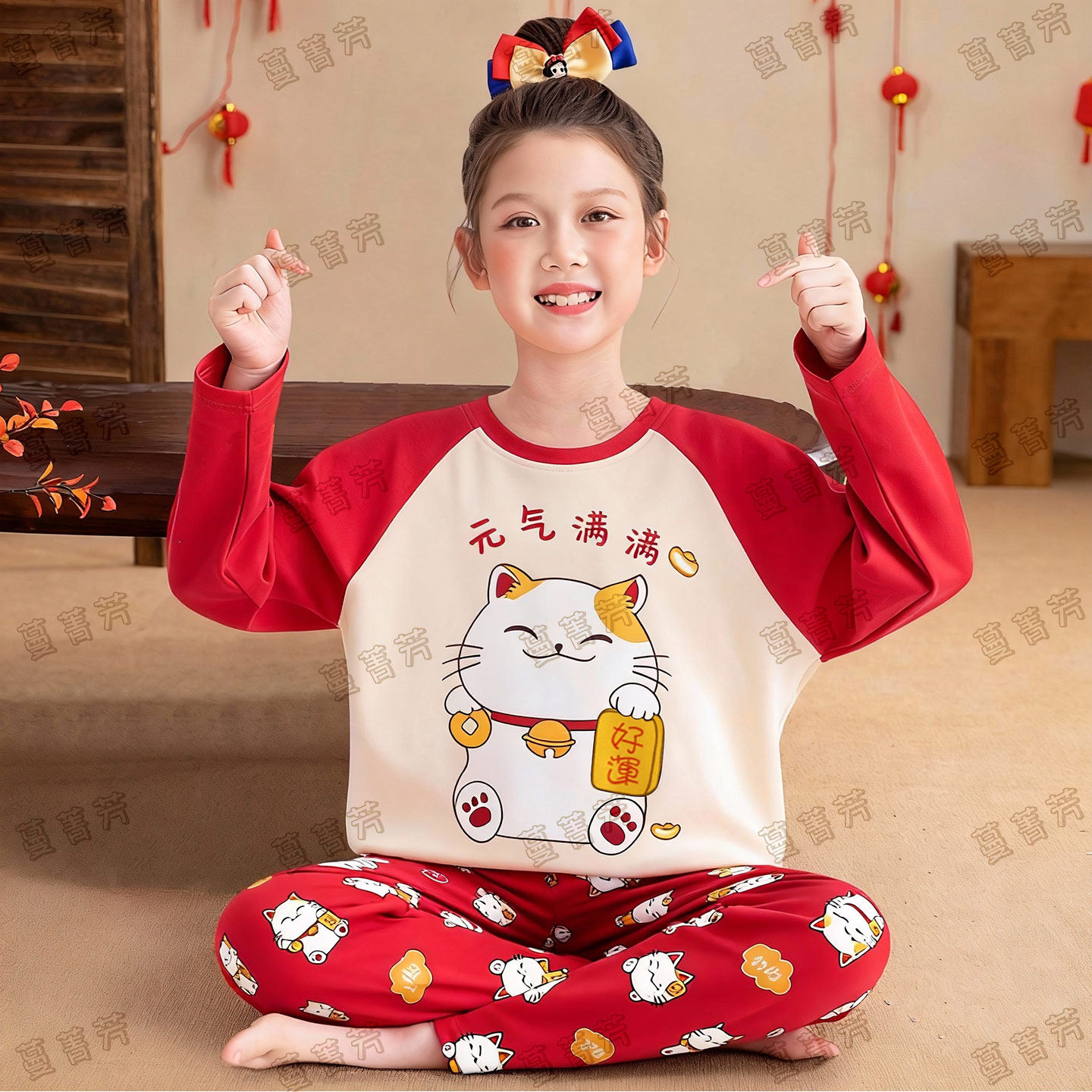 女童红色纯棉长袖春秋马年家居服