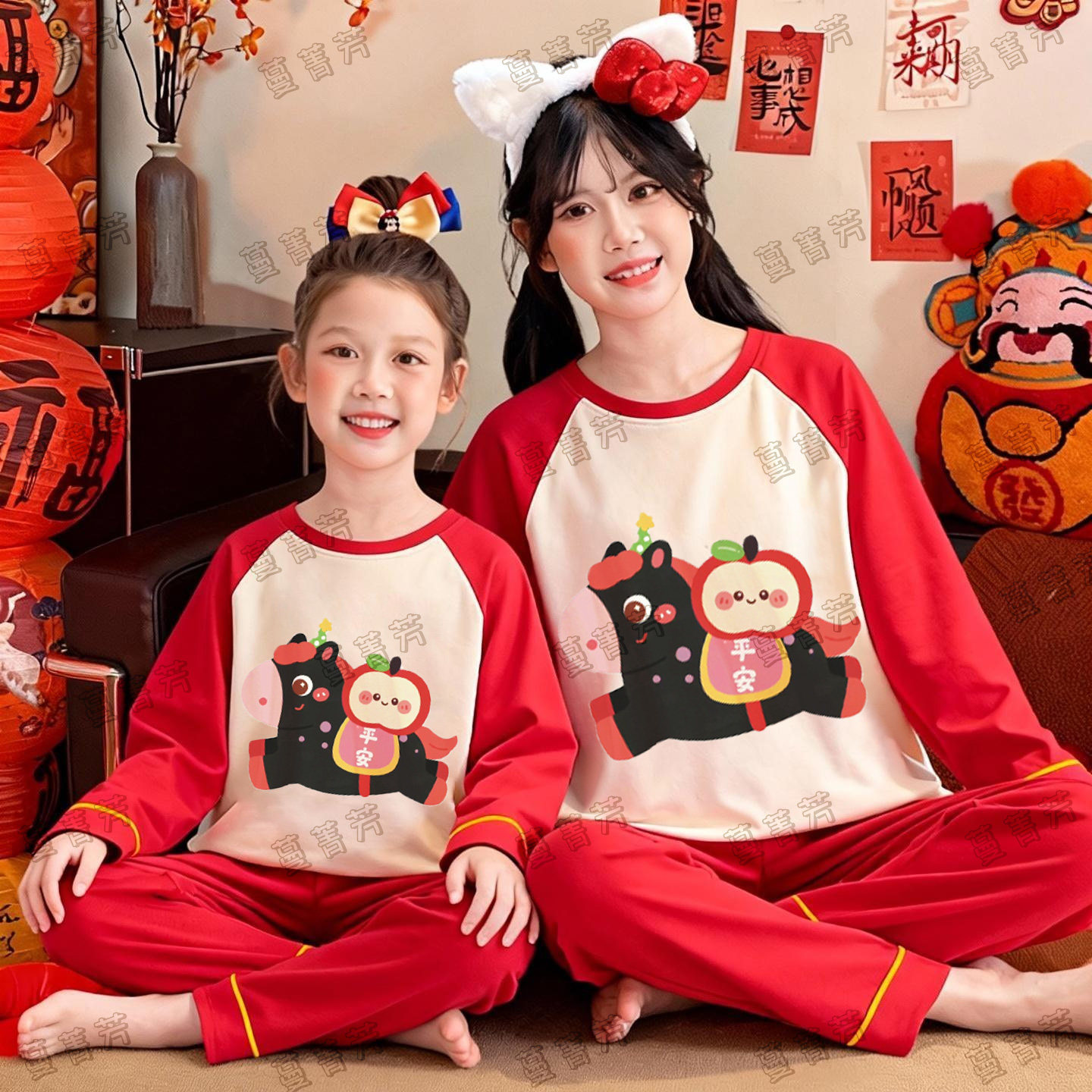 红色睡衣亲子装母女款纯棉2026马年家居服本命年姐妹装加大码套装