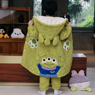 搞怪三眼仔儿童睡衣冬季男童加厚加绒三层夹棉男孩中长款睡袍套装