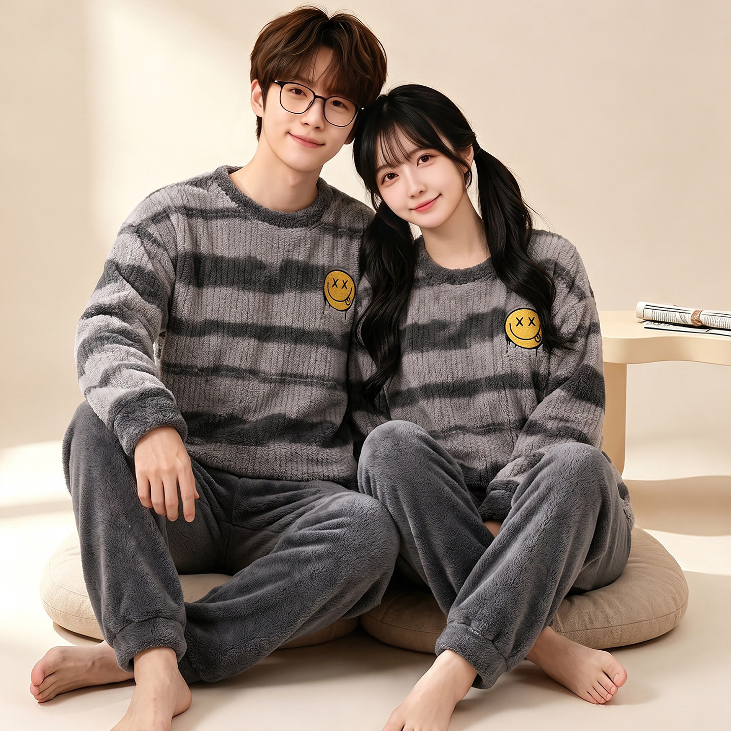 珊瑚绒情侣睡衣秋冬季圆领加厚加绒休闲舒适男女款冬天家居服套装