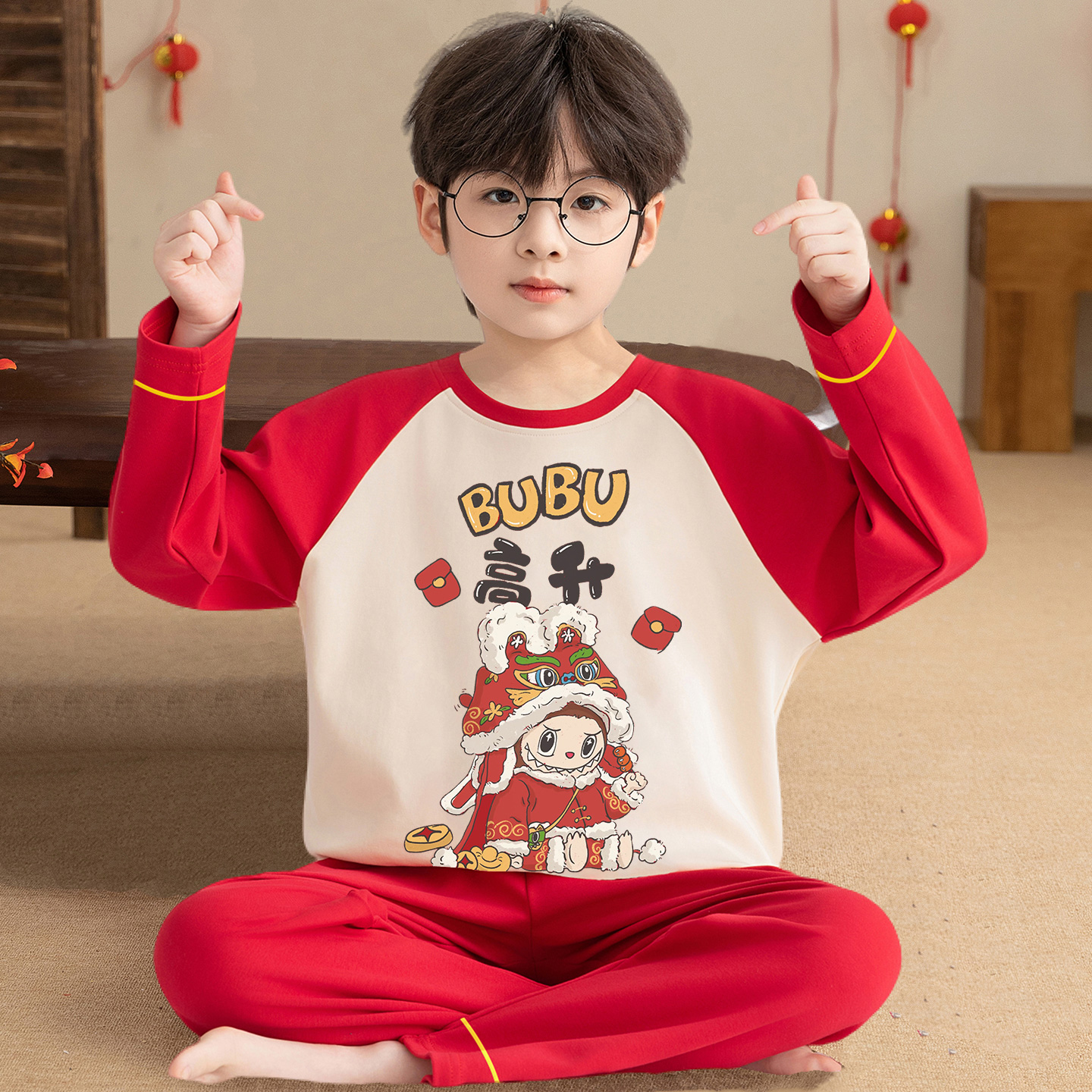 男童睡衣纯棉春秋拉布布红色套装