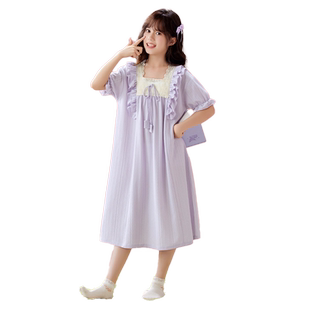 女童睡裙中大童夏季短袖宫廷风提花棉睡衣女孩带胸垫防凸点家居服