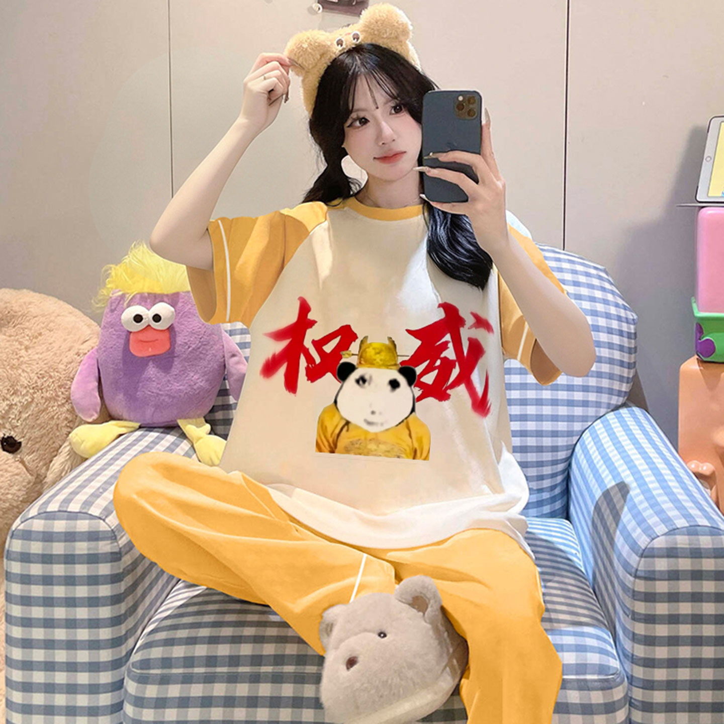 纯棉女款短袖春秋权威抽象家居服