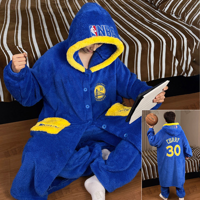 男冬季珊瑚绒加厚青少年库里睡袍