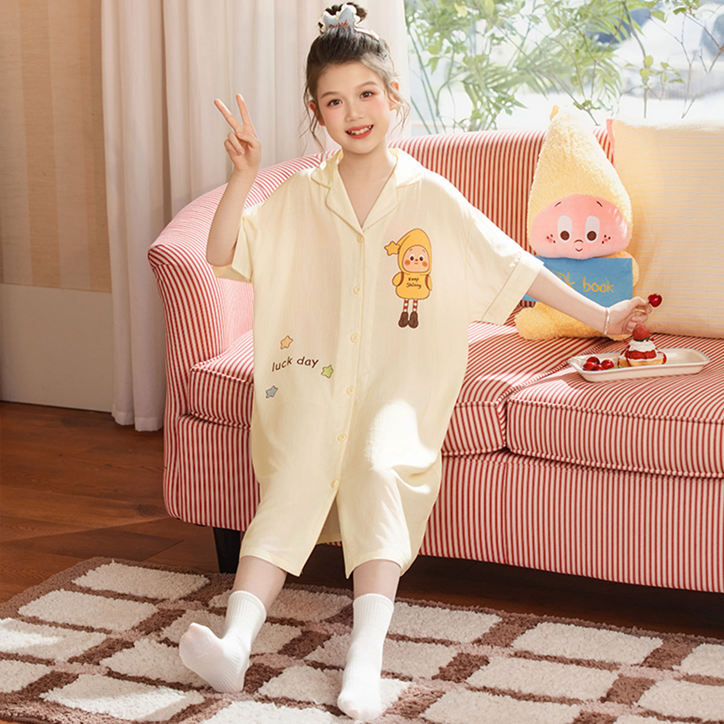女童莫代尔短袖夏季星星人睡裙