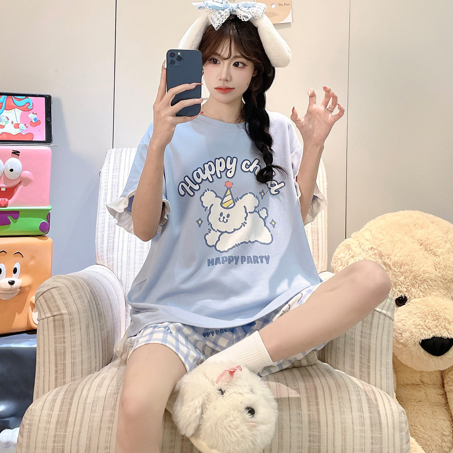 女短袖纯棉夏季可爱格子大码睡衣图片