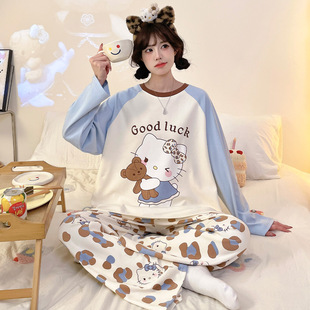 可爱hellokitty睡衣女款春秋季纯棉长袖加大码初高中生家居服套装