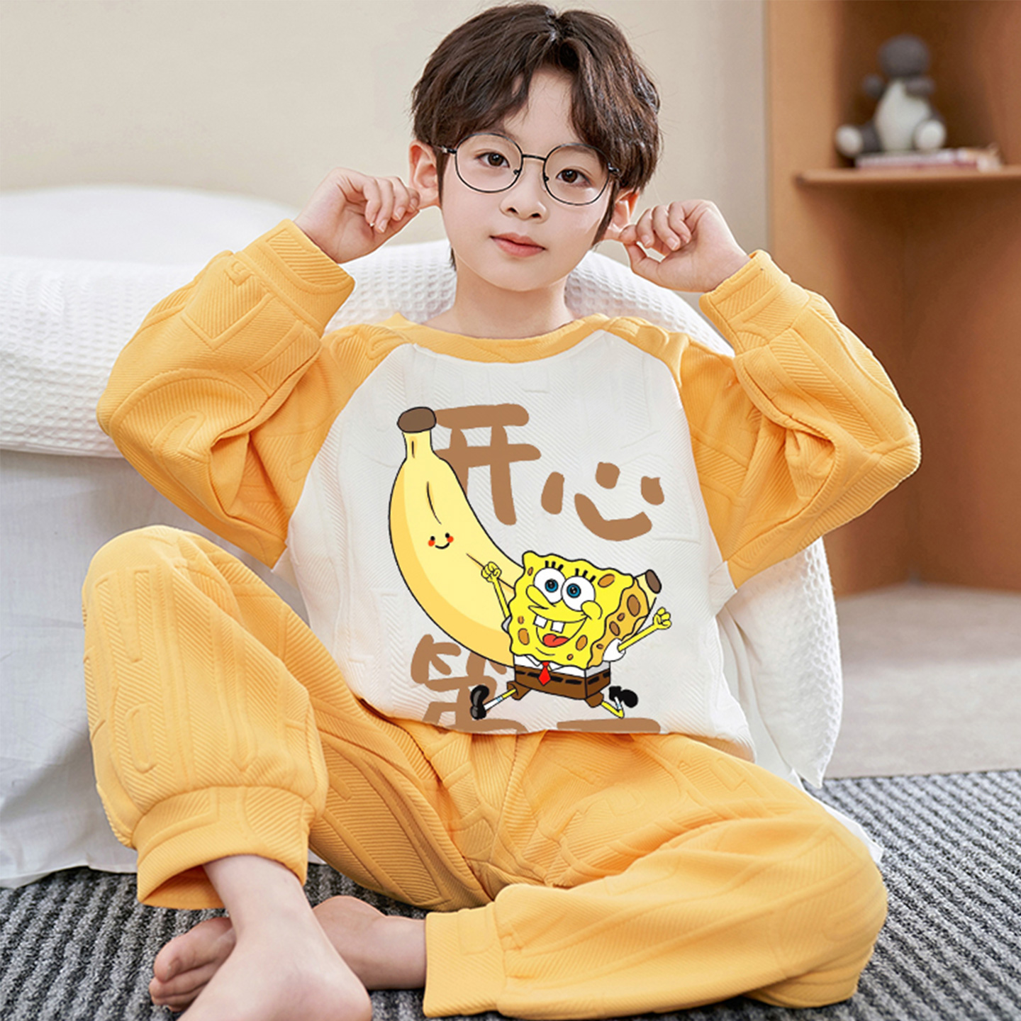 秋冬季款男童夹层棉加厚家居服