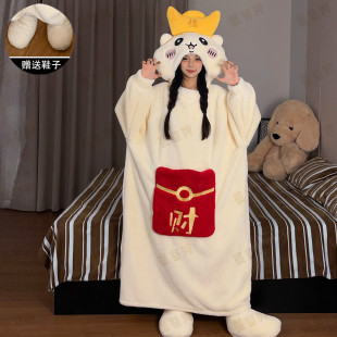 吉伊卡哇睡衣女冬季 连体衣新年发财睡袋 加厚保暖珊瑚绒家居服大码