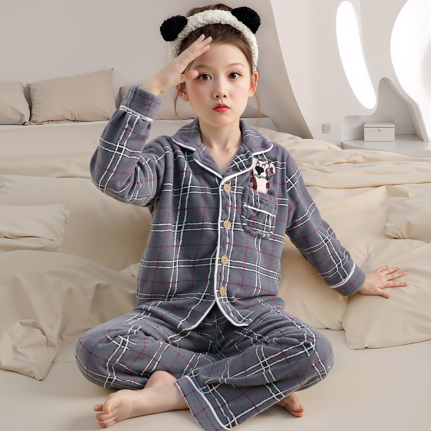 女童秋冬季卡通法兰绒大童家居服