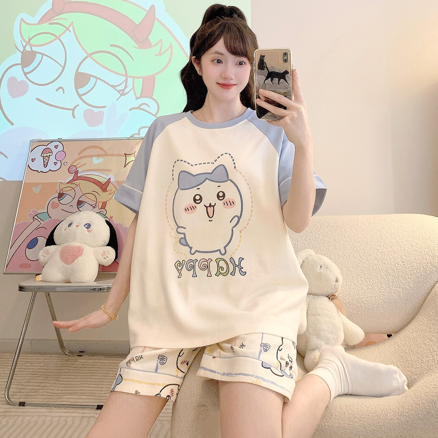 女款夏季纯棉短袖可爱学生家居服