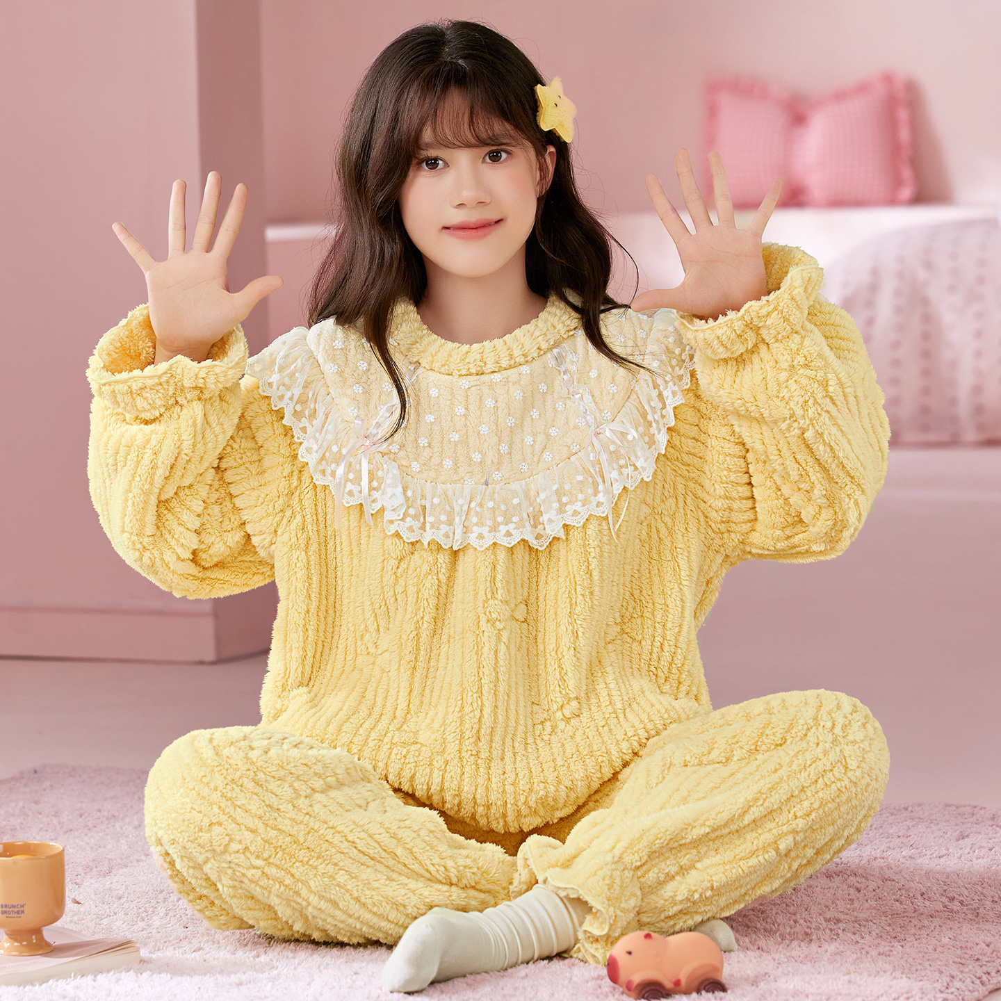 女童睡衣秋冬季珊瑚绒宫廷家居服