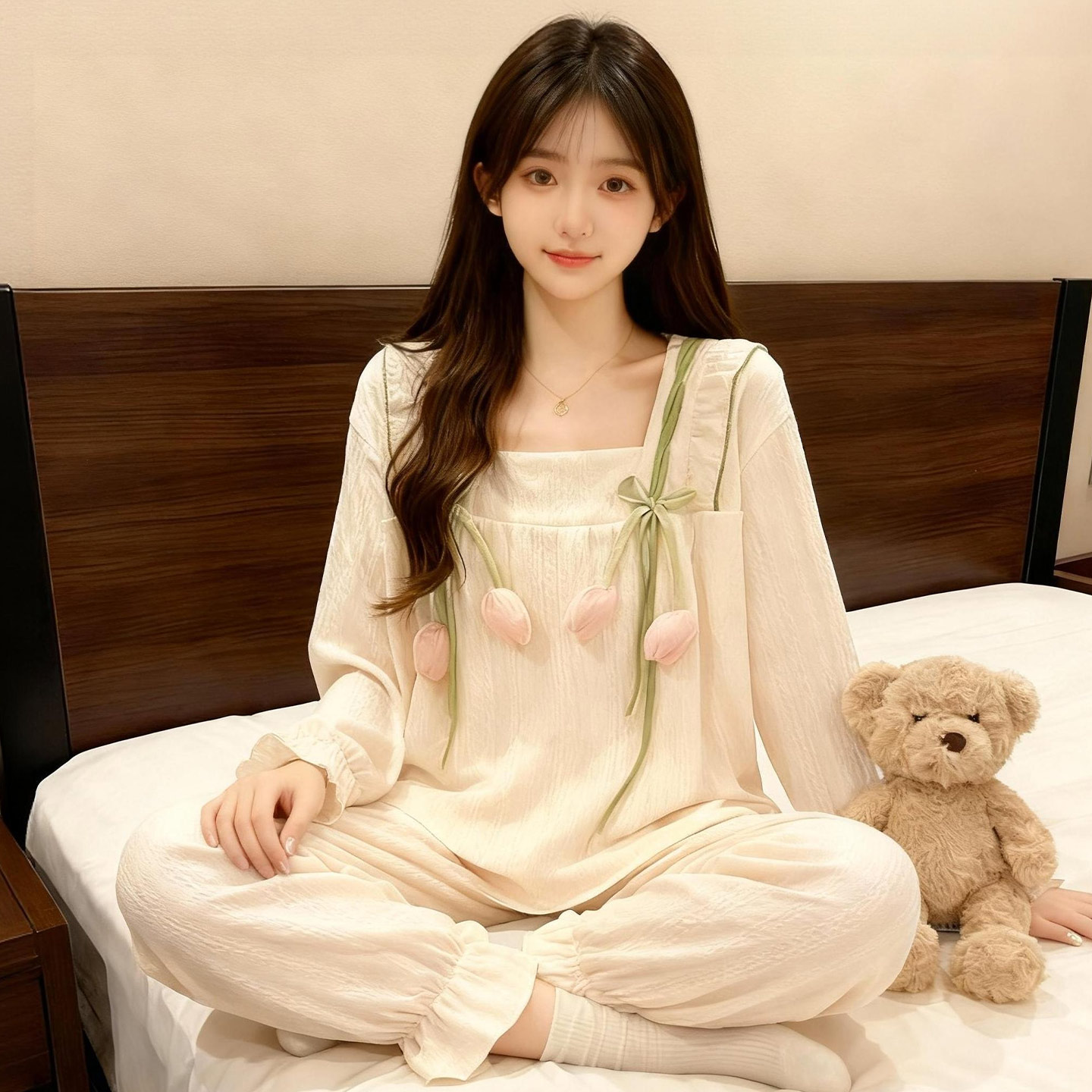 春秋季带胸垫母女纯棉长袖家居服