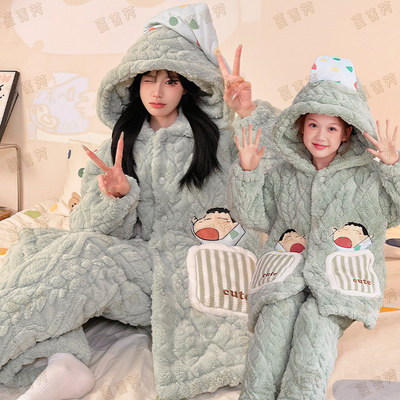 母女蜡笔小新冬季三层夹棉家居服