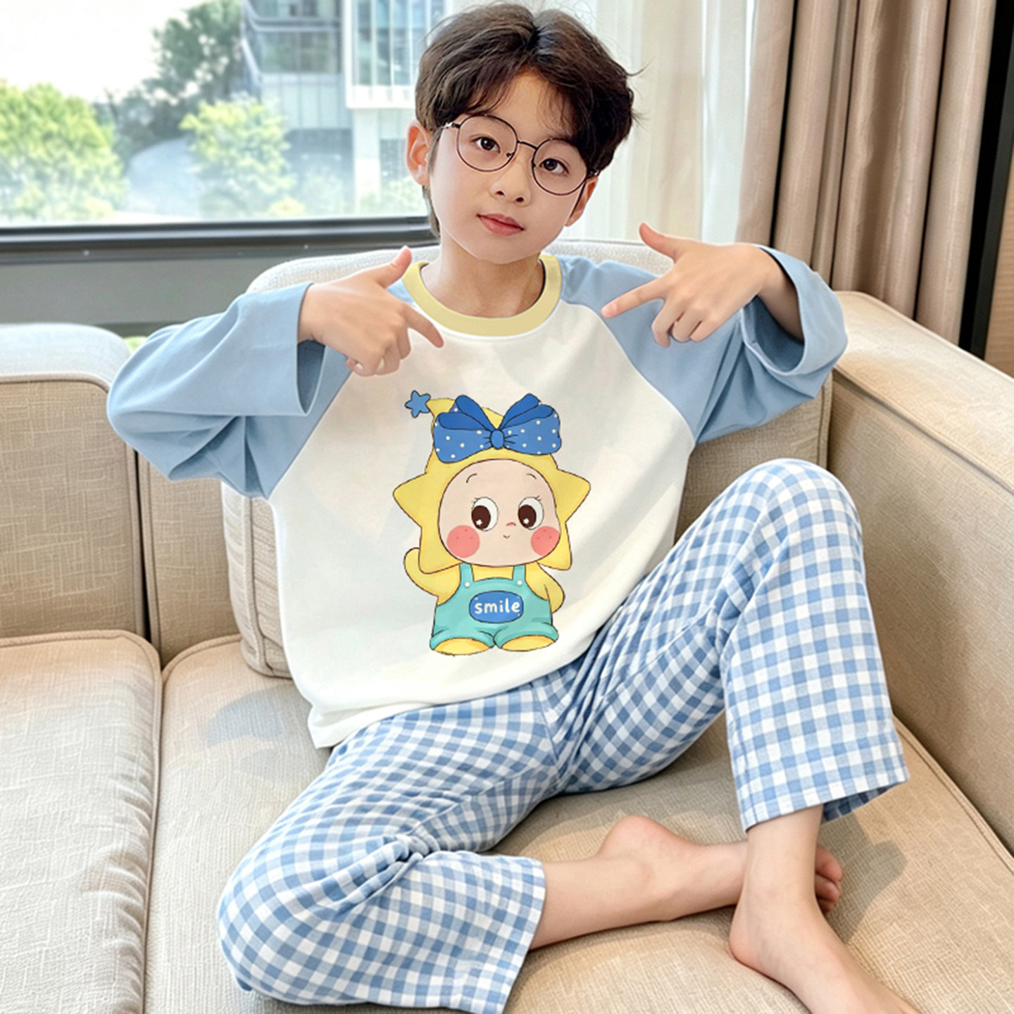 纯棉男童春秋季长袖卡通儿童睡衣
