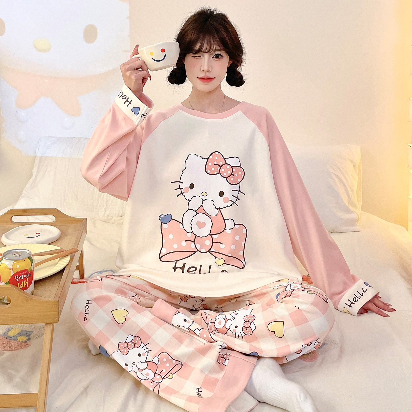 睡衣女款纯棉长袖长裤春秋2026新款可爱凯蒂猫套装圆领大码家居服,女士内衣/男士内衣/家居服,睡衣/家居服套装,淘宝优惠券,粉丝福利购,淘宝优惠卷