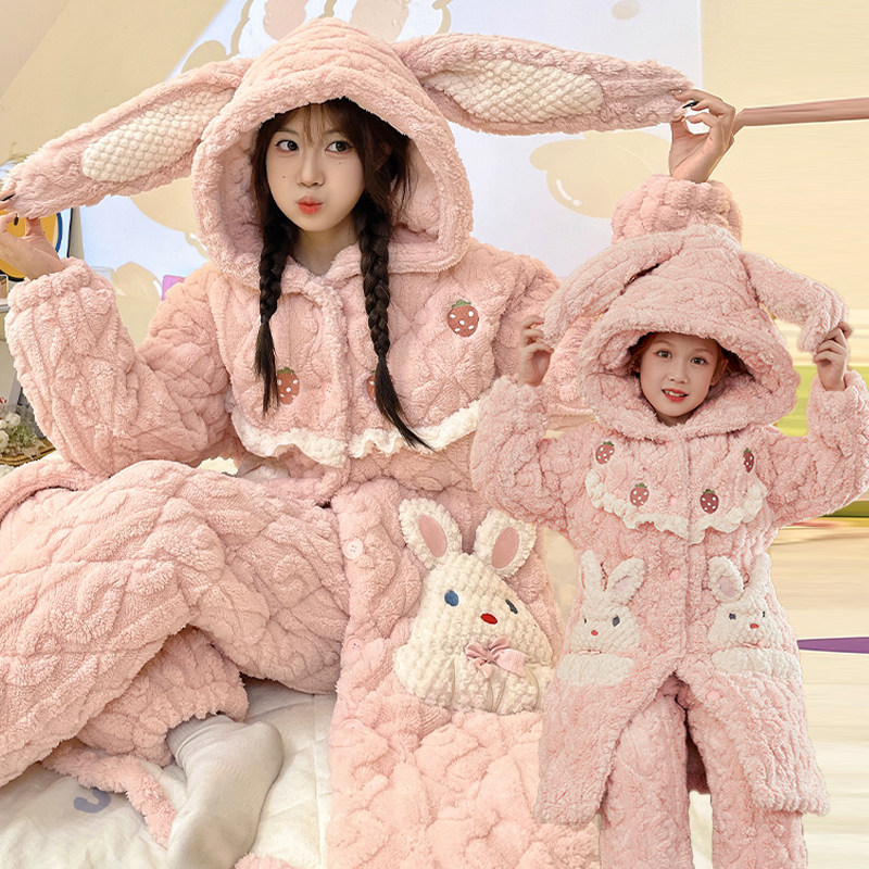 亲子睡衣母女童冬季三层夹棉套装