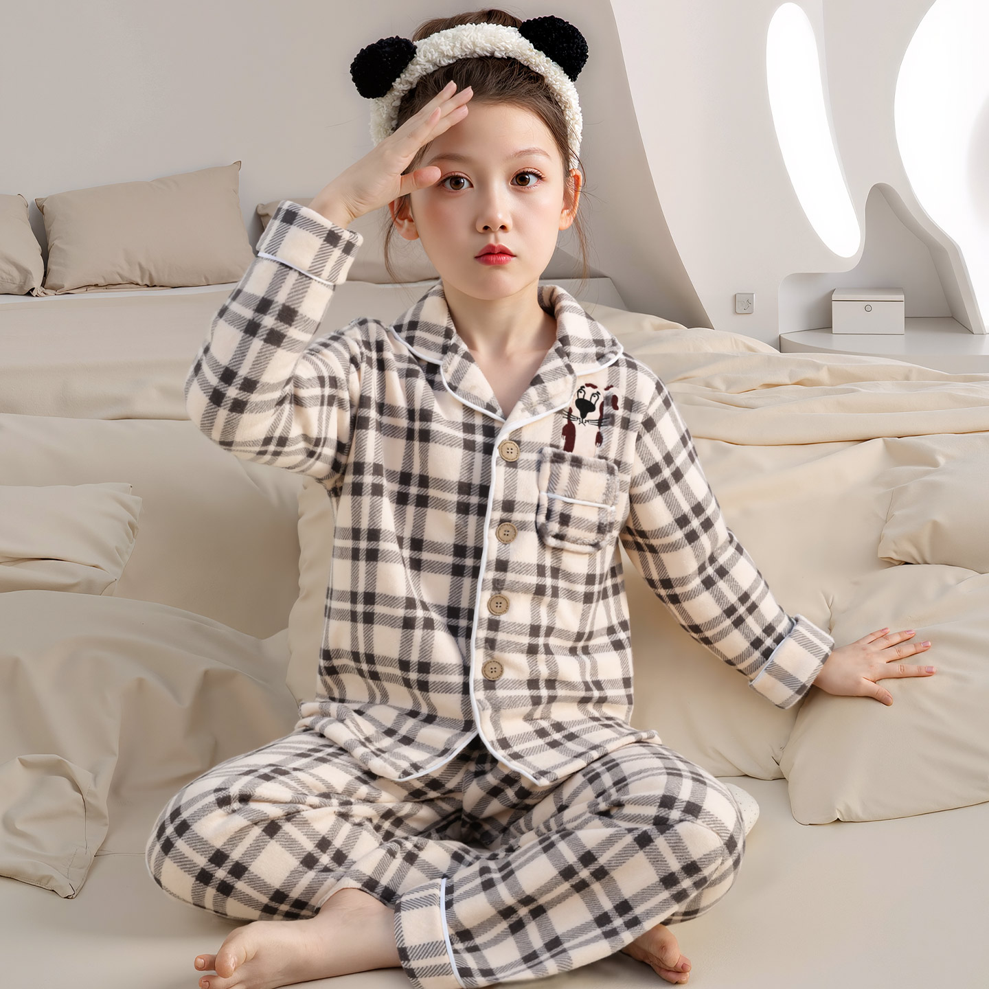 女童秋冬款加厚法兰绒家居服套装