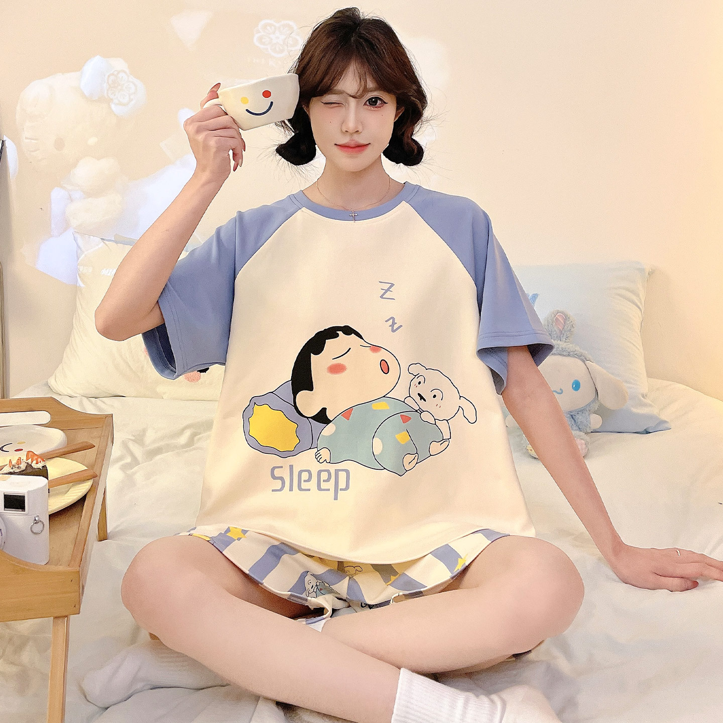 纯棉夏季短袖小新大码少女家居服