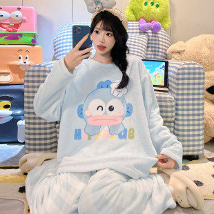 卡通可爱小丑鱼家居服薄绒圆领保暖冬天套装 法兰绒睡衣女款 秋冬季