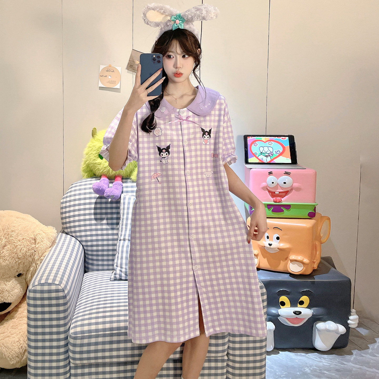 女夏季薄款纯棉短袖卡通开衫睡裙