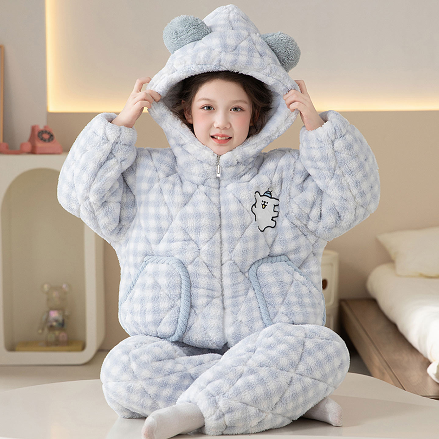 女童冬季熊猫三层夹棉加厚家居服