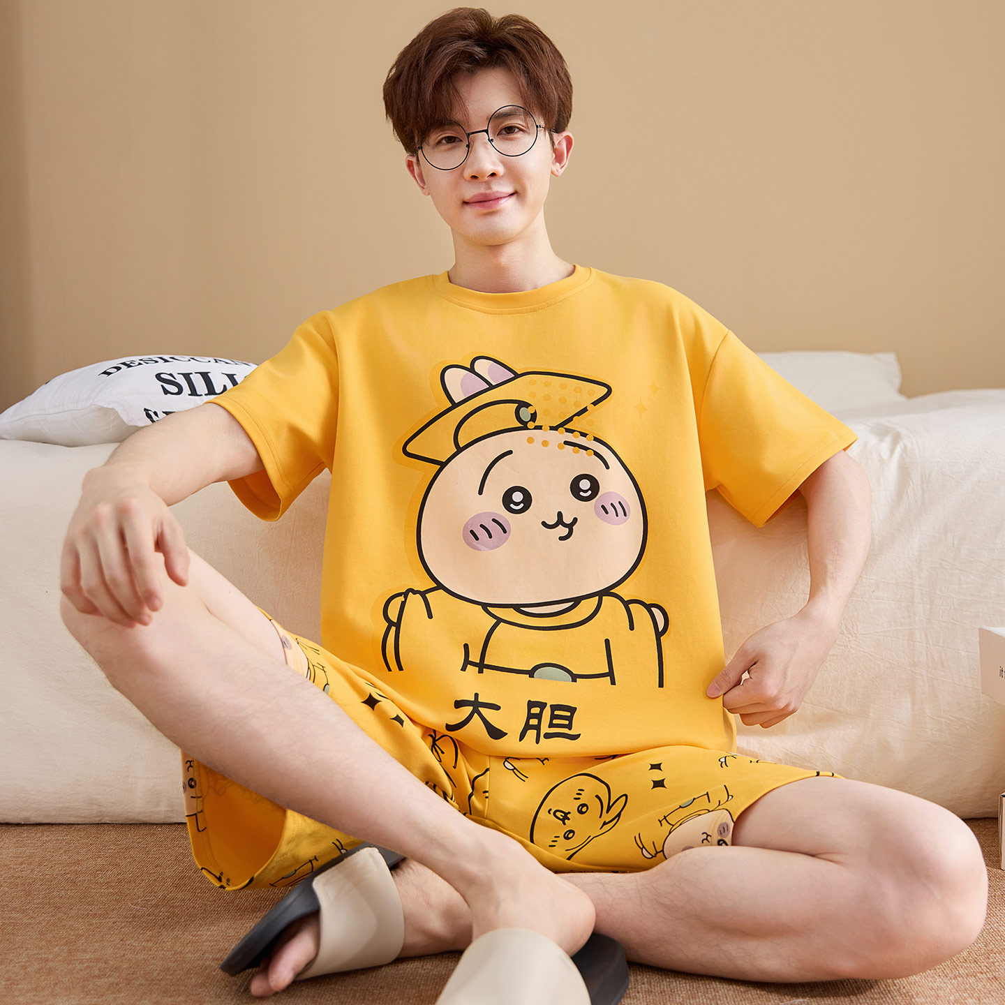 男款纯棉短袖初中学生卡通家居服