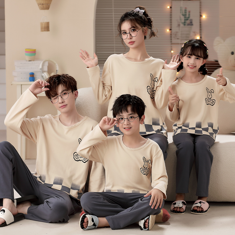 亲子睡衣春秋季长袖纯棉一家三口母女休闲装情侣家居服男童套装夏