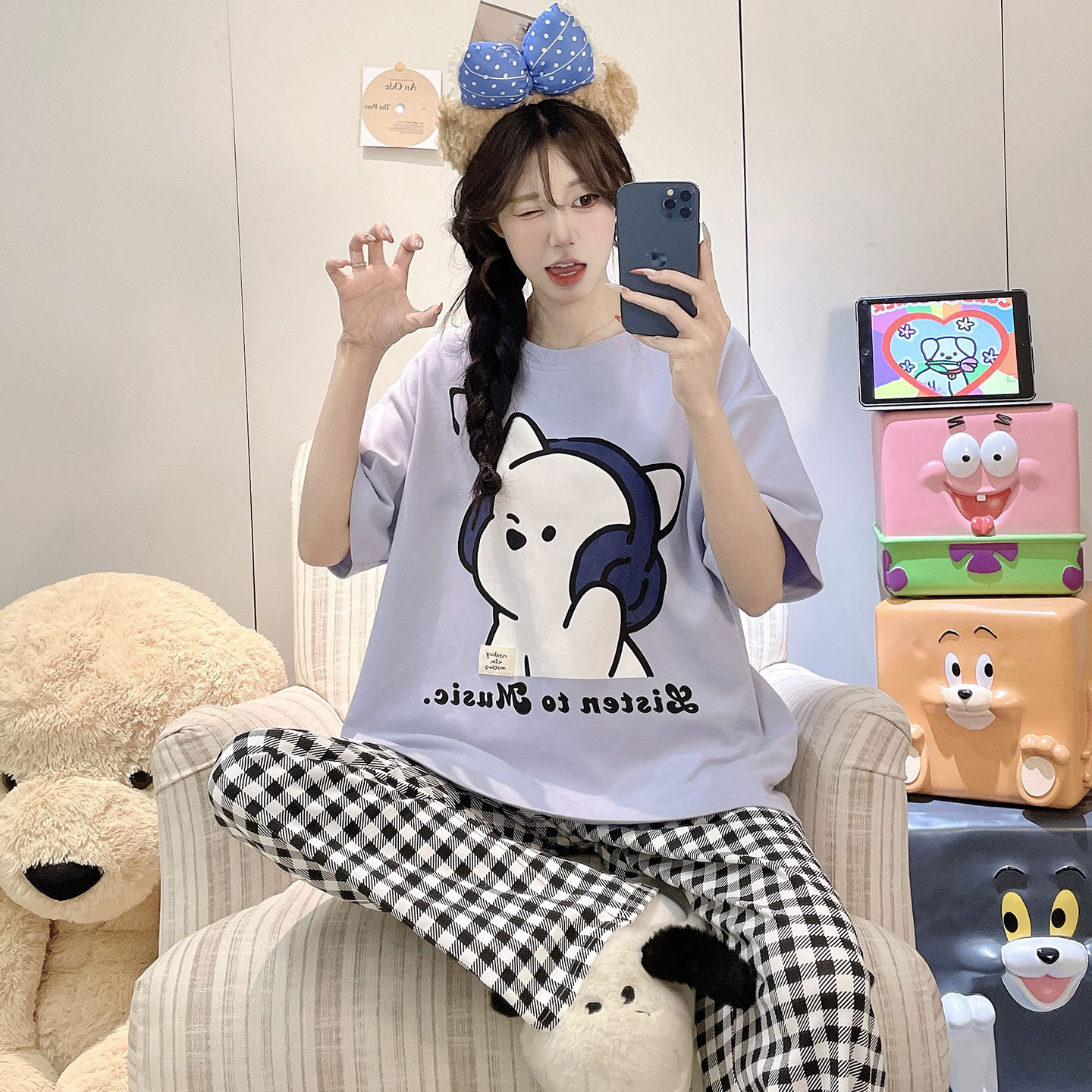 纯棉女款夏季短袖卡通小狗家居服