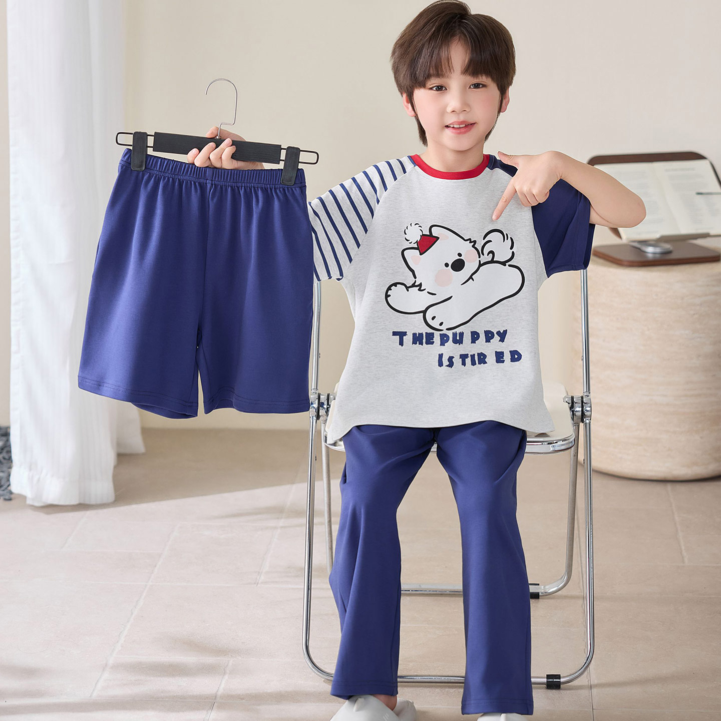 男童夏季纯棉短袖卡通小狗家居服