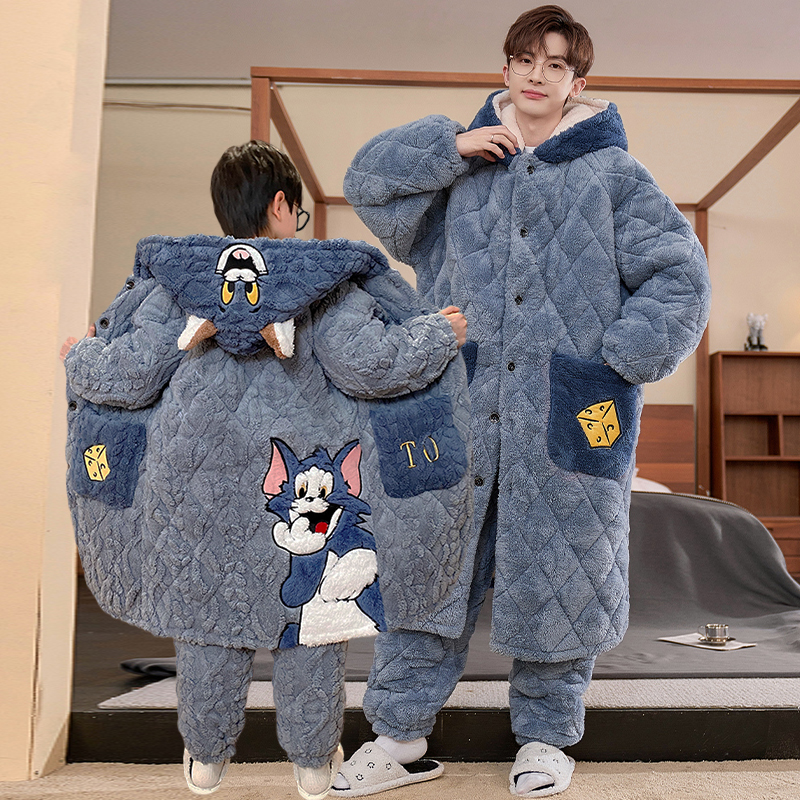亲子睡衣男冬季三层夹棉加厚加绒保暖套装男孩父子汤姆猫连帽睡袍