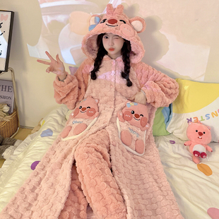 女士珊瑚绒睡袍冬季loopy露比初中生儿童长款睡衣女孩浴袍秋冬款