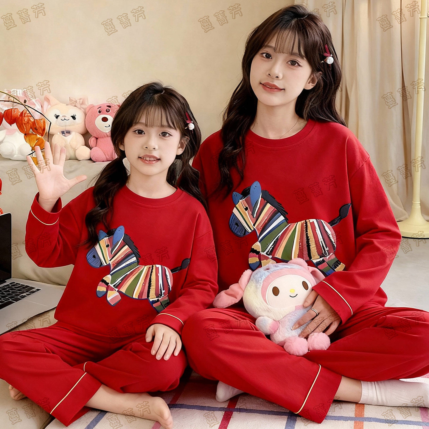 亲子睡衣大红色本命年卡通马年新年女童纯棉母女装儿童家居服套装