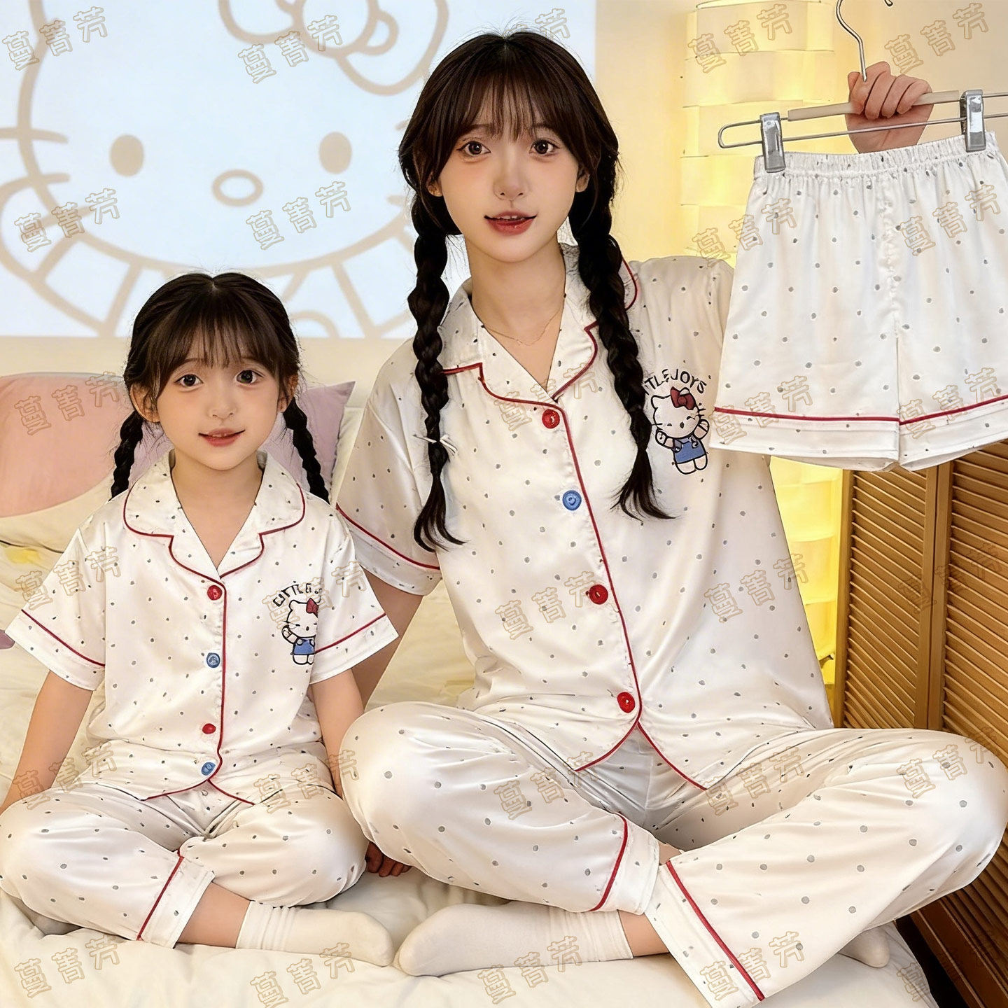 冰丝母女夏季短袖长裤卡通家居服