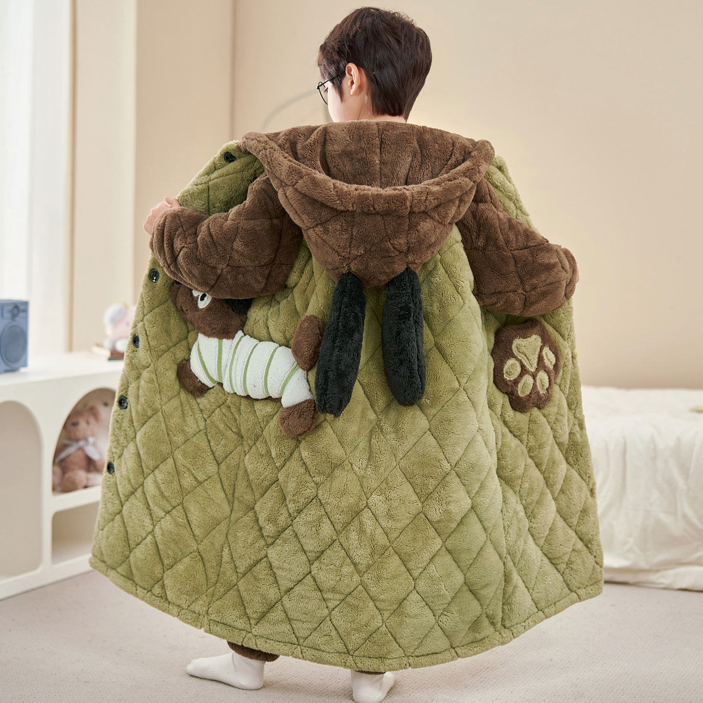 儿童睡衣男童冬季加厚腊肠狗青少年男孩三层夹棉法兰绒睡袍家居服