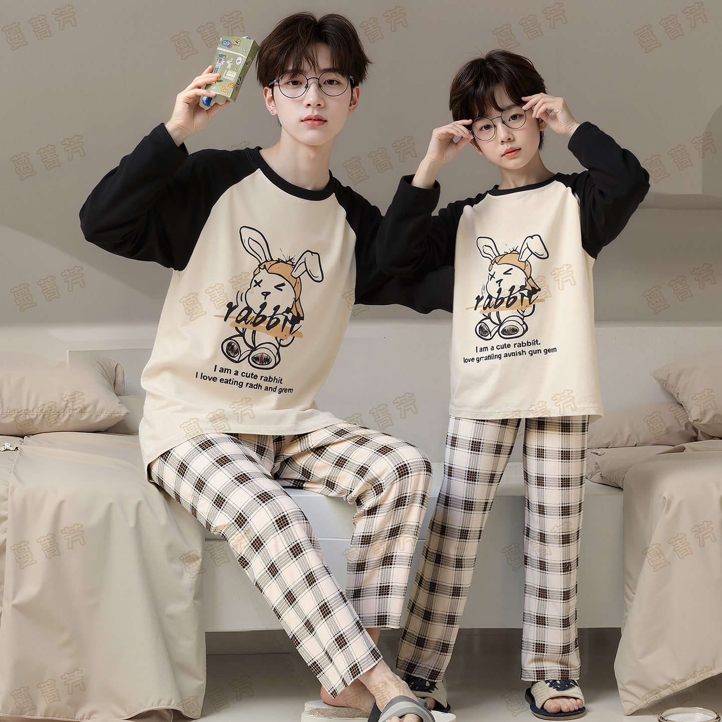 男童纯棉睡衣春秋季长袖父子套装