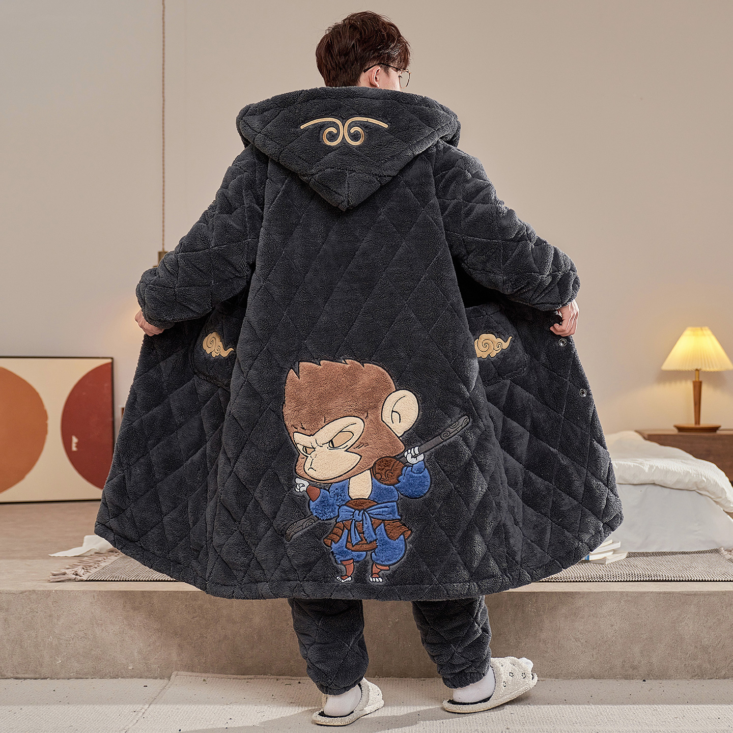 男款秋冬季加厚三层夹棉悟空睡袍