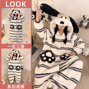帕恰狗卡通连体睡衣女款 可爱加厚家居服连帽珊瑚绒睡袍睡裙 秋冬季
