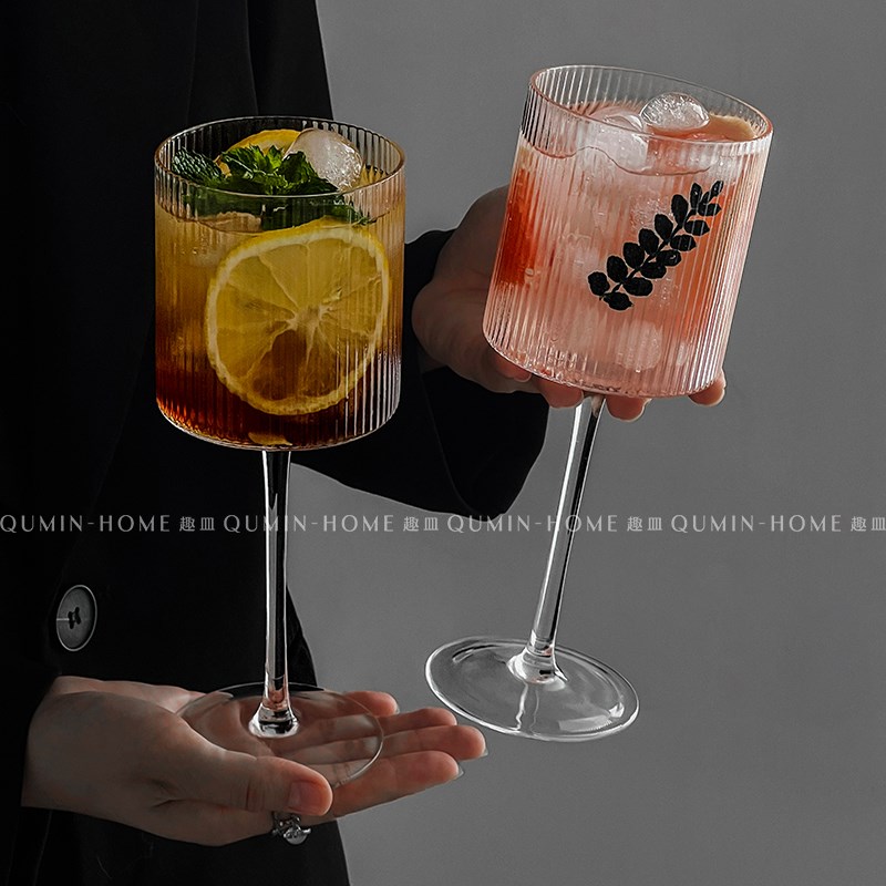 速发气纹玻酒杯风高脚鸡尾璃杯果汁饮料杯子家用创意水杯竖泡酒杯