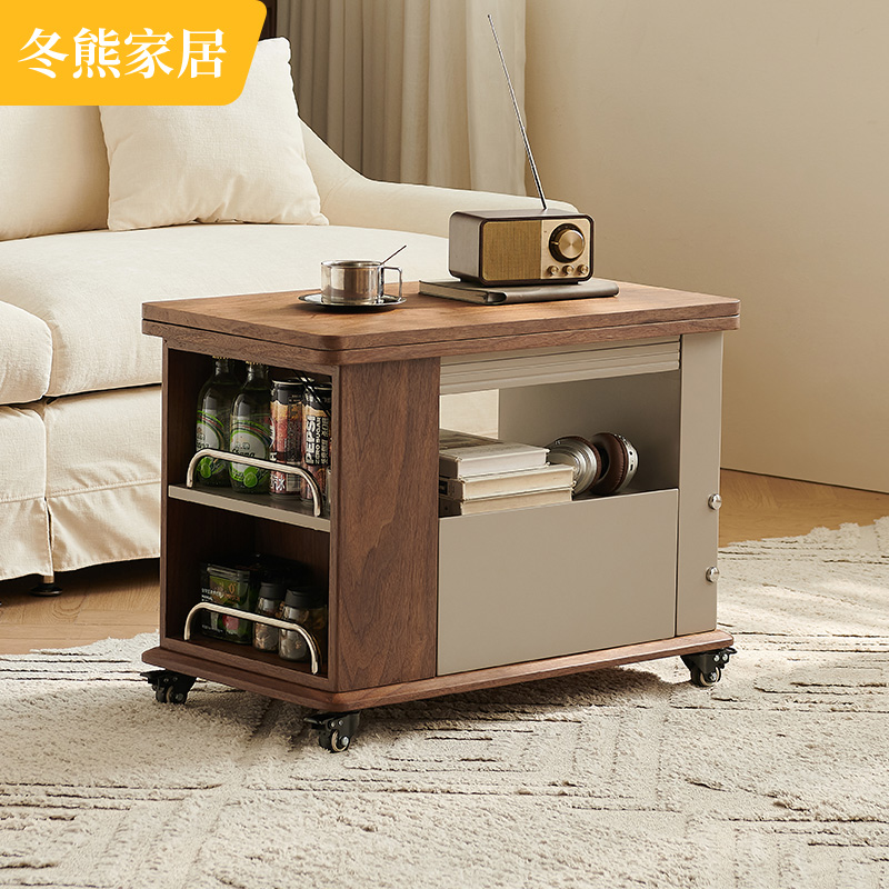 速发几熊侘寂风可移动折叠边冬功木小桌子客厅多实能储物小推车茶