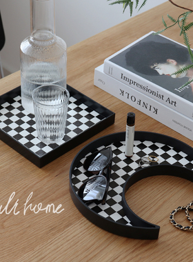 速发WILUH首棋盘格黑白马赛克几何收纳托盘O饰香薰摆放装饰拍照道