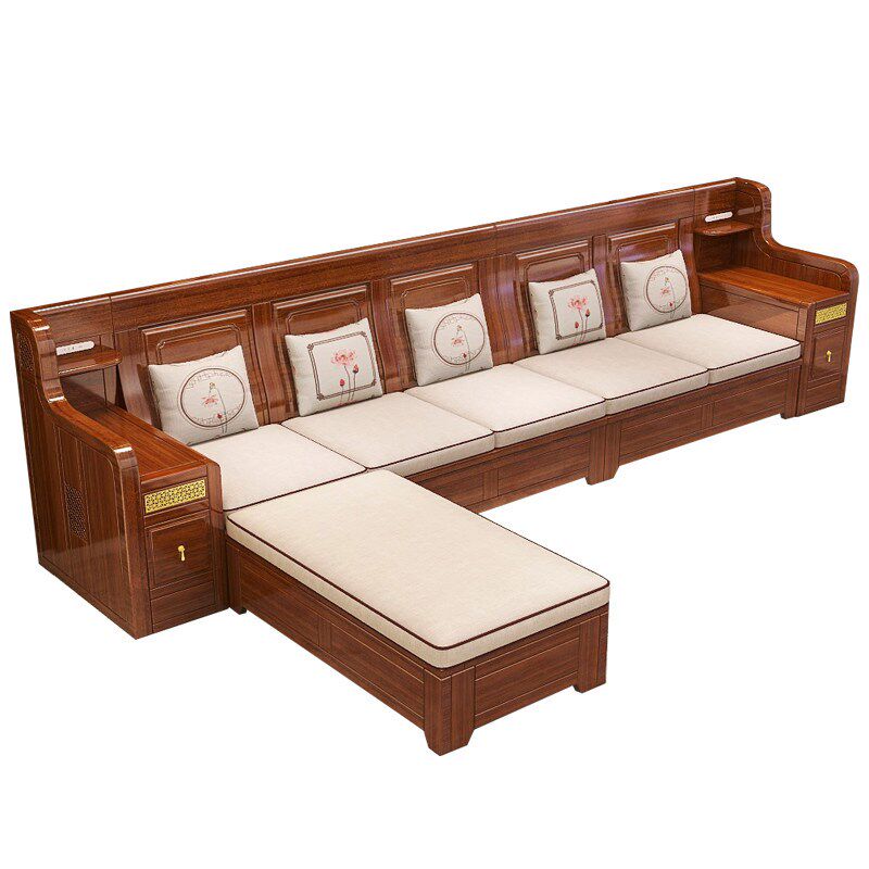 速发实木沙发胡桃木转角组合全实木家具高档木质客厅储物中式木沙