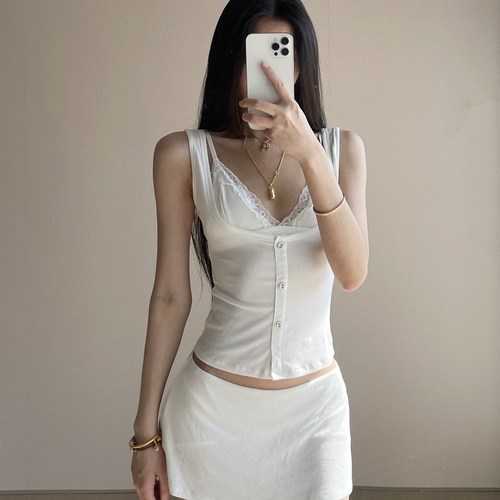 【消烦局长】兰精莫代尔·蕾丝吊带背心假两件辣妹短款无袖上衣女
